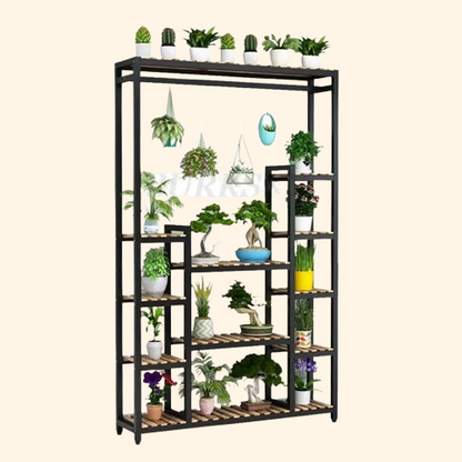 Meuble étagère métallique haut pour plantes noir et bois