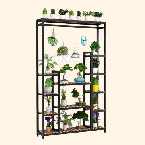 Meuble étagère métallique haut pour plantes noir et bois