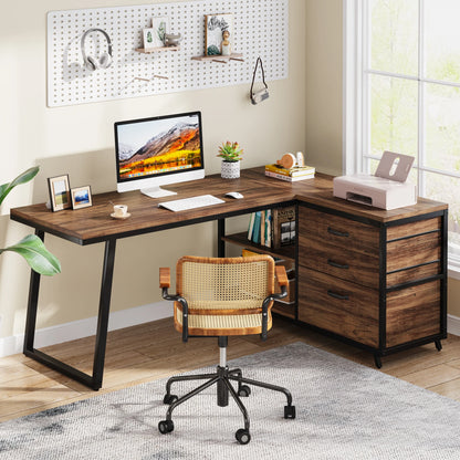 Bureau d'angle industriel métal et bois avec 3 tiroirs intégrés