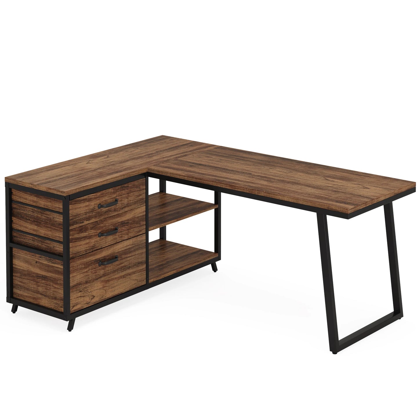 Bureau d'angle industriel métal et bois avec 3 tiroirs intégrés