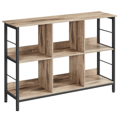 Meuble bas de rangement bois et metal style industriel sur pieds 6 compartiments sur 2 niveaux 120 x 33 x 80 cm