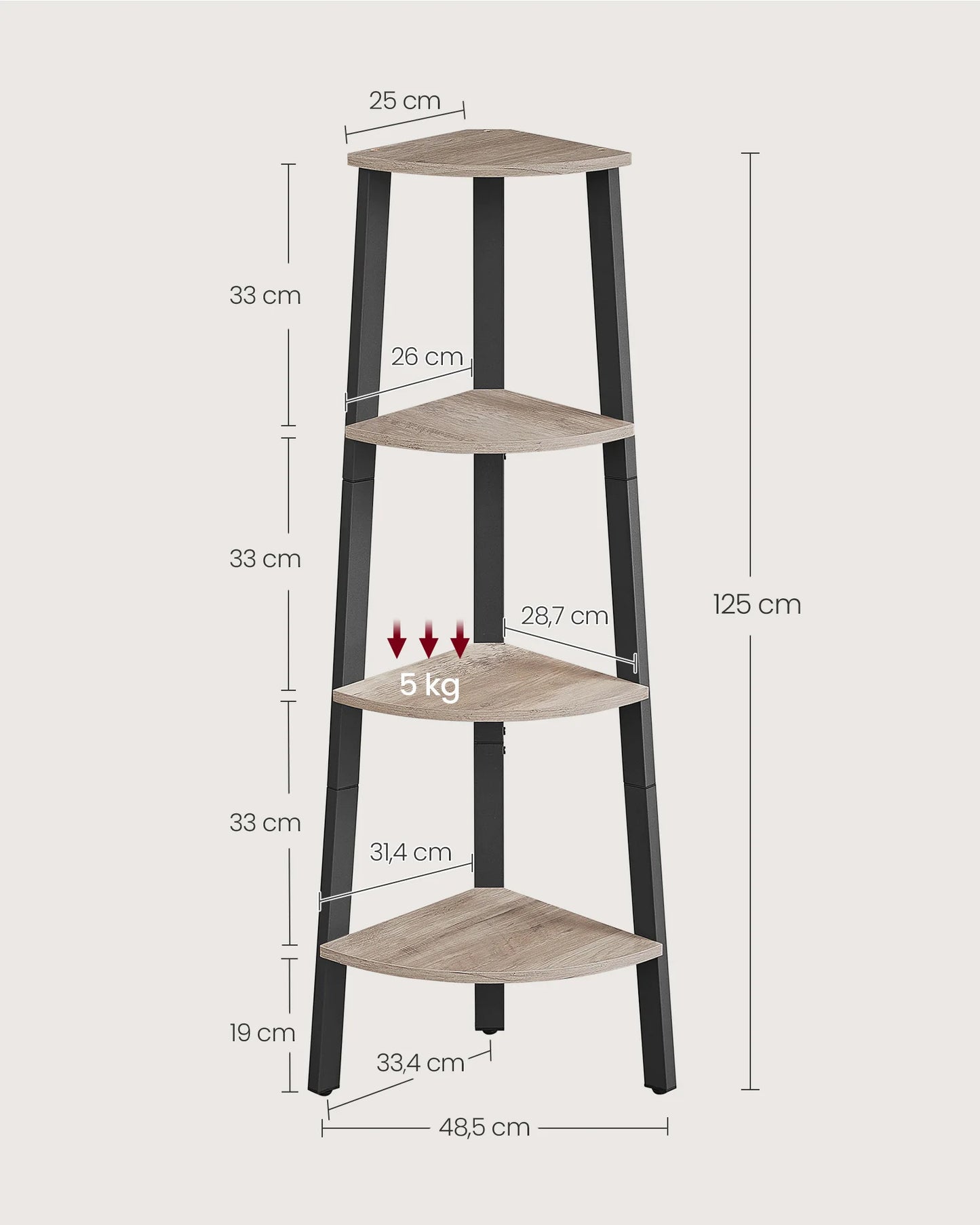 meuble étagère d’angle moderne en bois clair et métal noir mate trépied 125x48x25cm