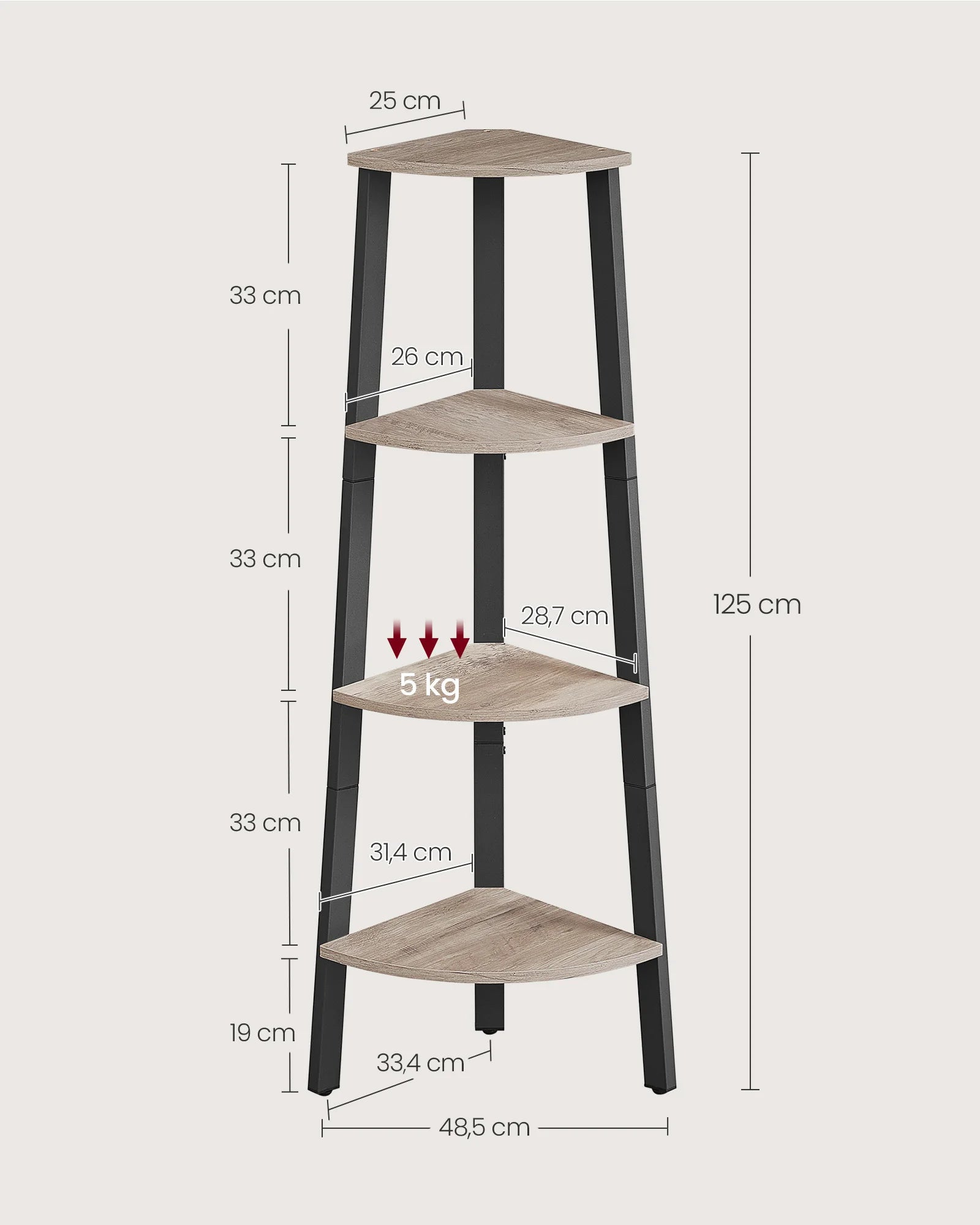 meuble étagère d’angle moderne en bois clair et métal noir mate trépied 125x48x25cm