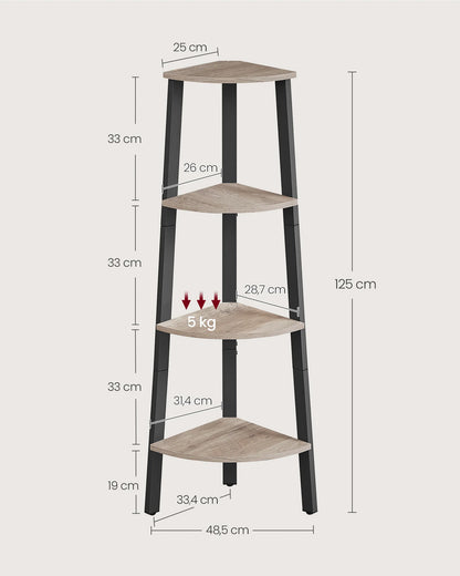 meuble étagère d’angle moderne en bois clair et métal noir mate trépied 125x48x25cm