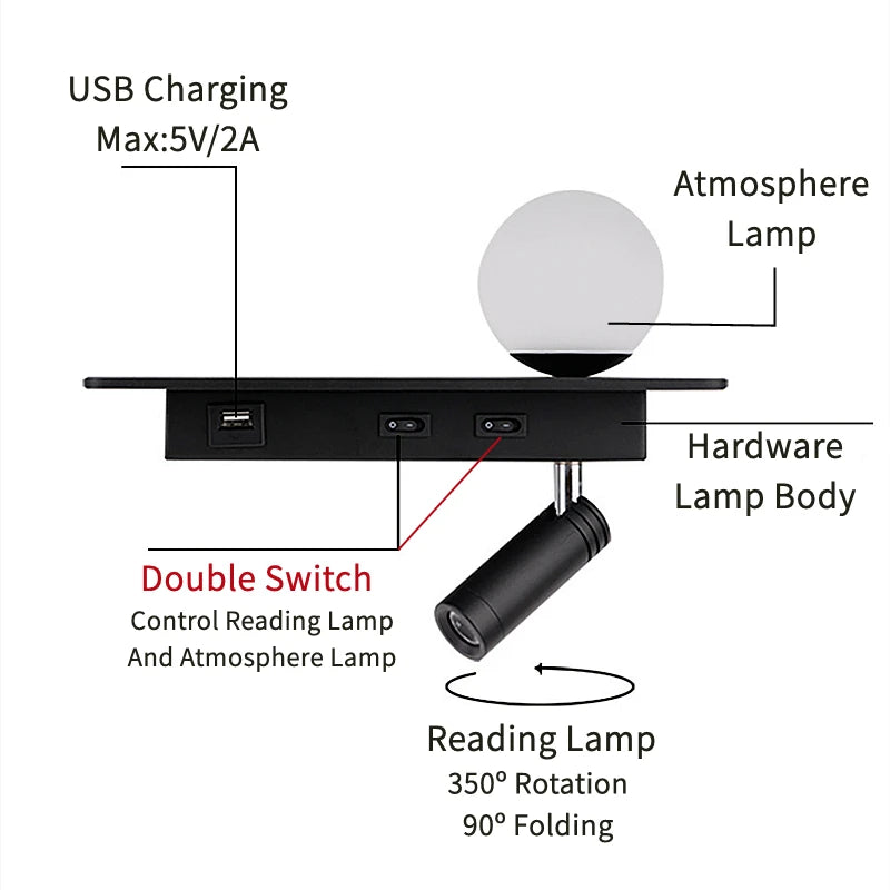 Etagère led chevet avec spot lumineux intégré