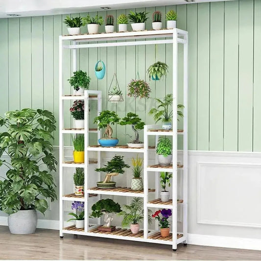 Meuble étagère métallique haut pour plantes blanc et bois