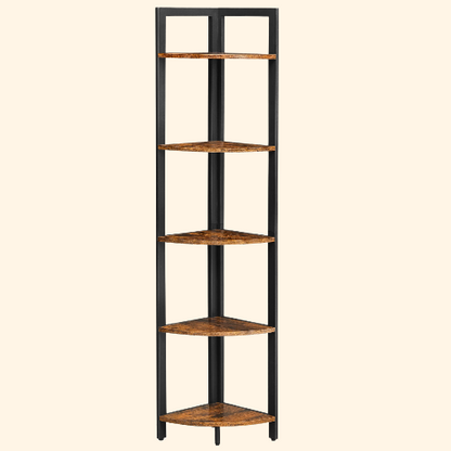 meuble d'angle vertical étroit 5 niveaux noir et bois
