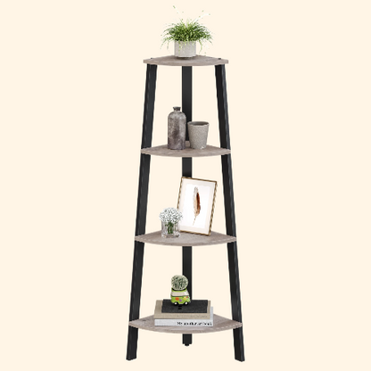 meuble étagère d’angle moderne en bois et métal trépied