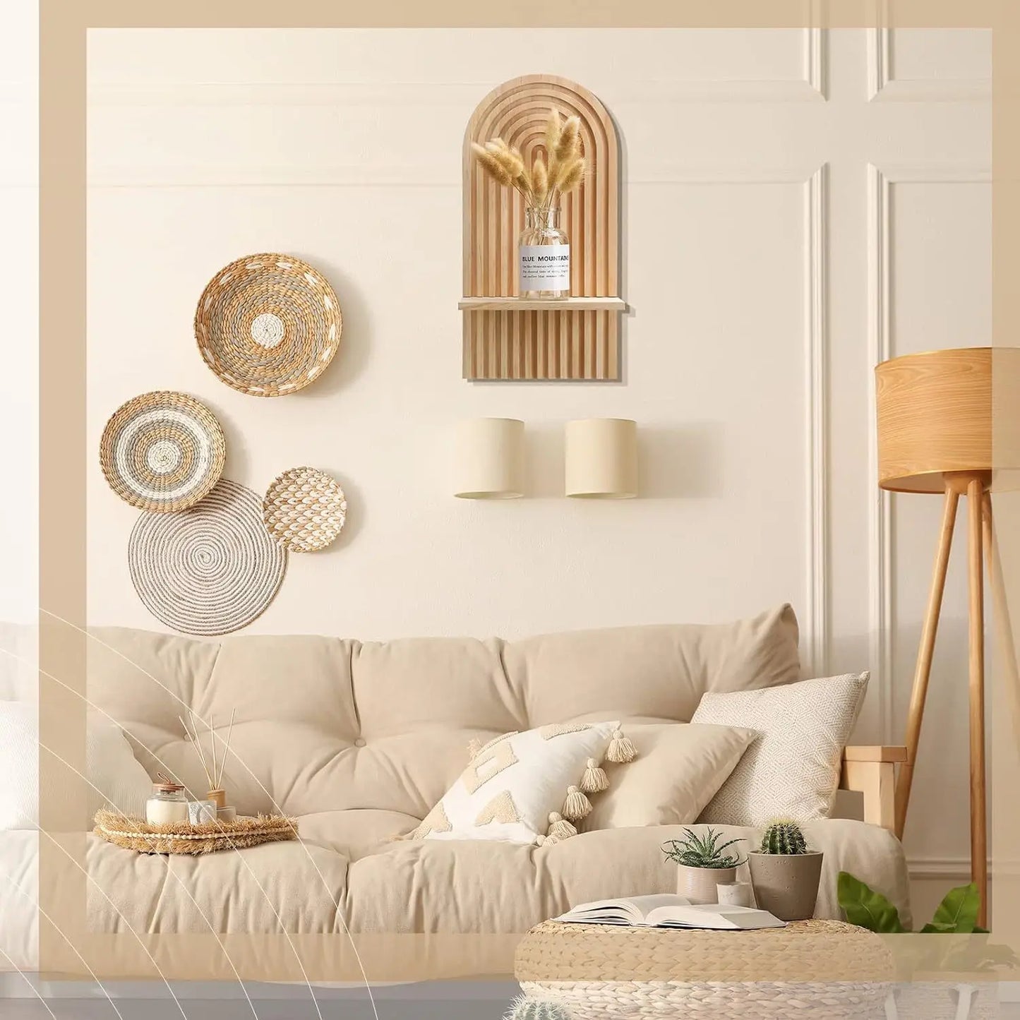 panneau mural avec étagère flottante design arche bohème bois 