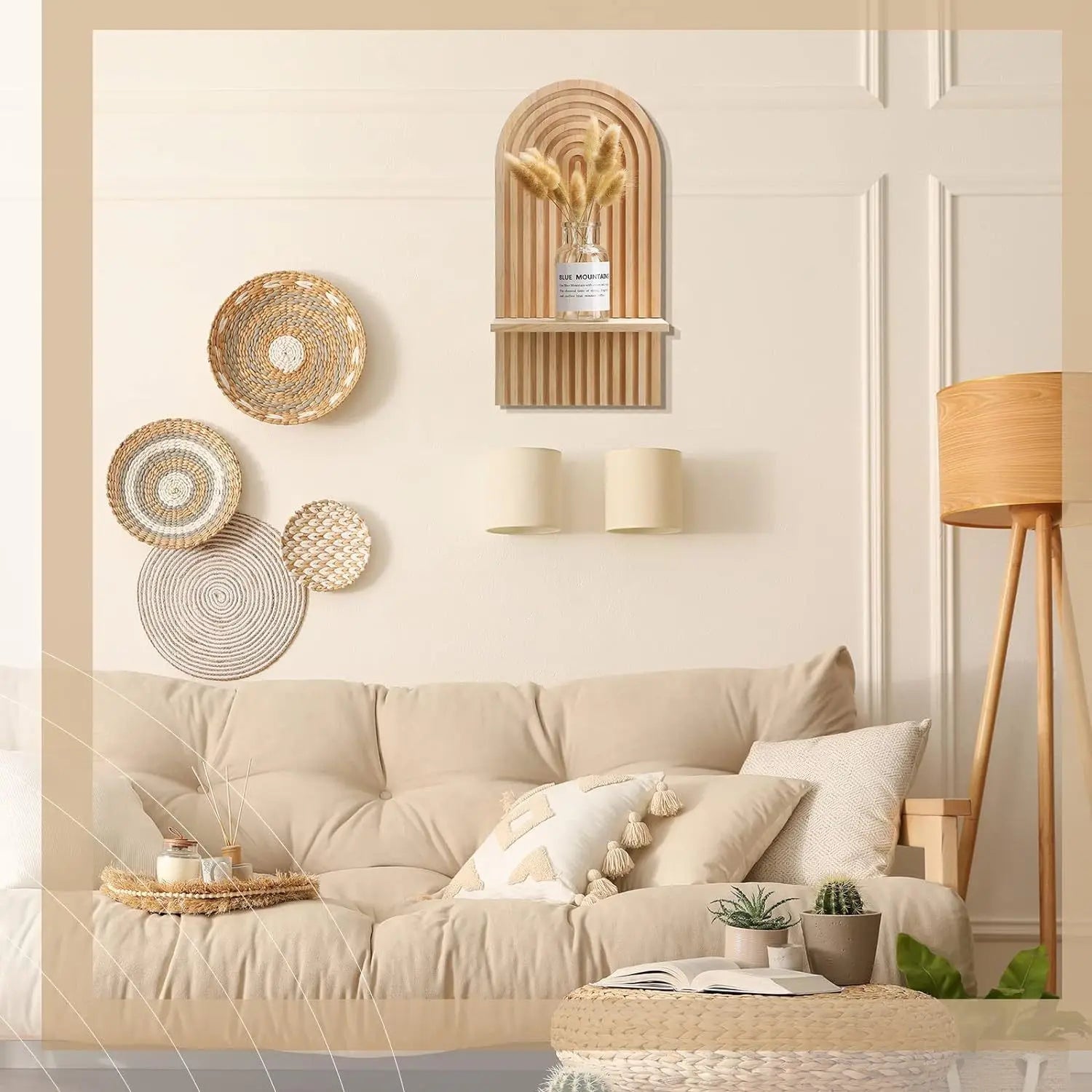panneau mural avec étagère flottante design arche bohème bois 