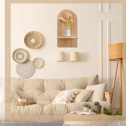 panneau mural avec étagère flottante design arche bohème bois 
