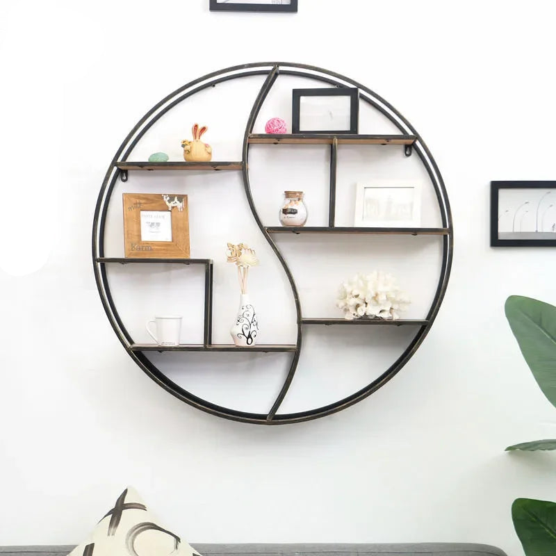 Etagère ronde Murale Décorative en Fer noir 6 planches bois