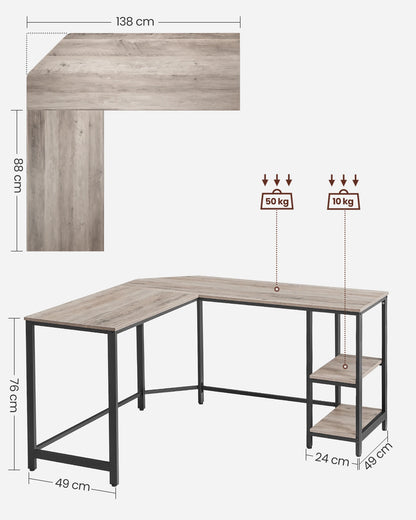 Bureau d'angle bois et métal noir avec 2 étagères