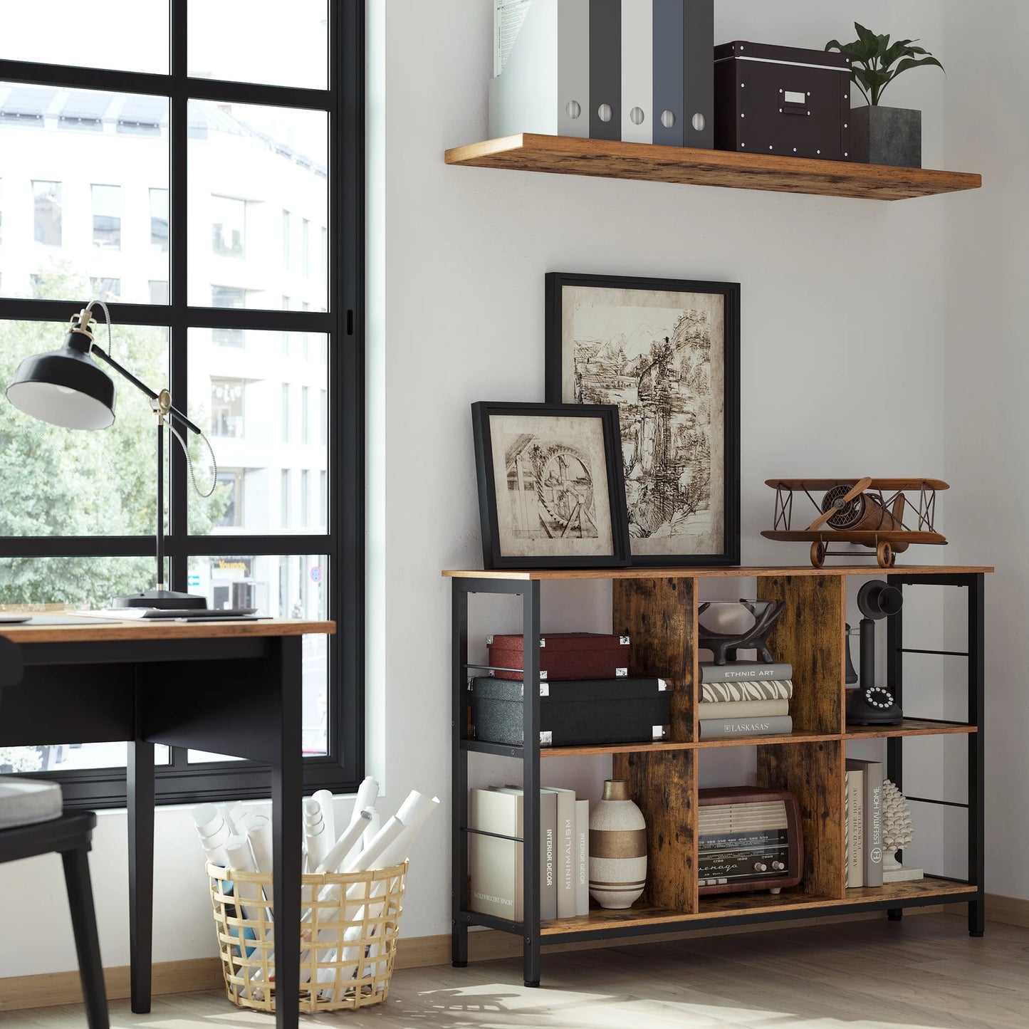 Meuble bas en bois et métal noir 6 compartiments cubes ouverts