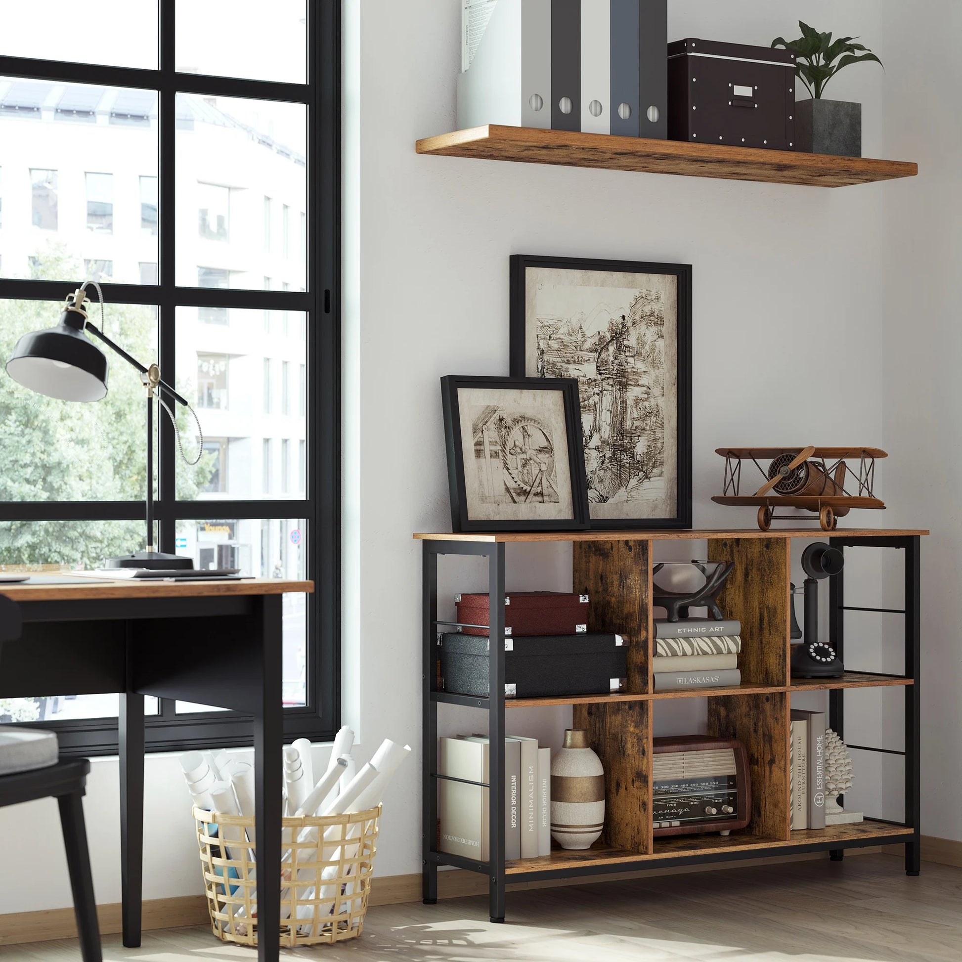 Meuble bas en bois et métal noir 6 compartiments cubes ouverts