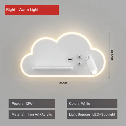 Etagère murale blanche chevet enfant nuage à contour lumineux LED