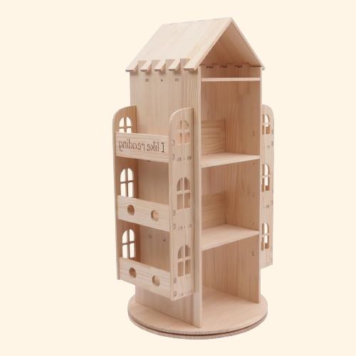 Bibliothèque rotative en bois pour enfant en forme de maison