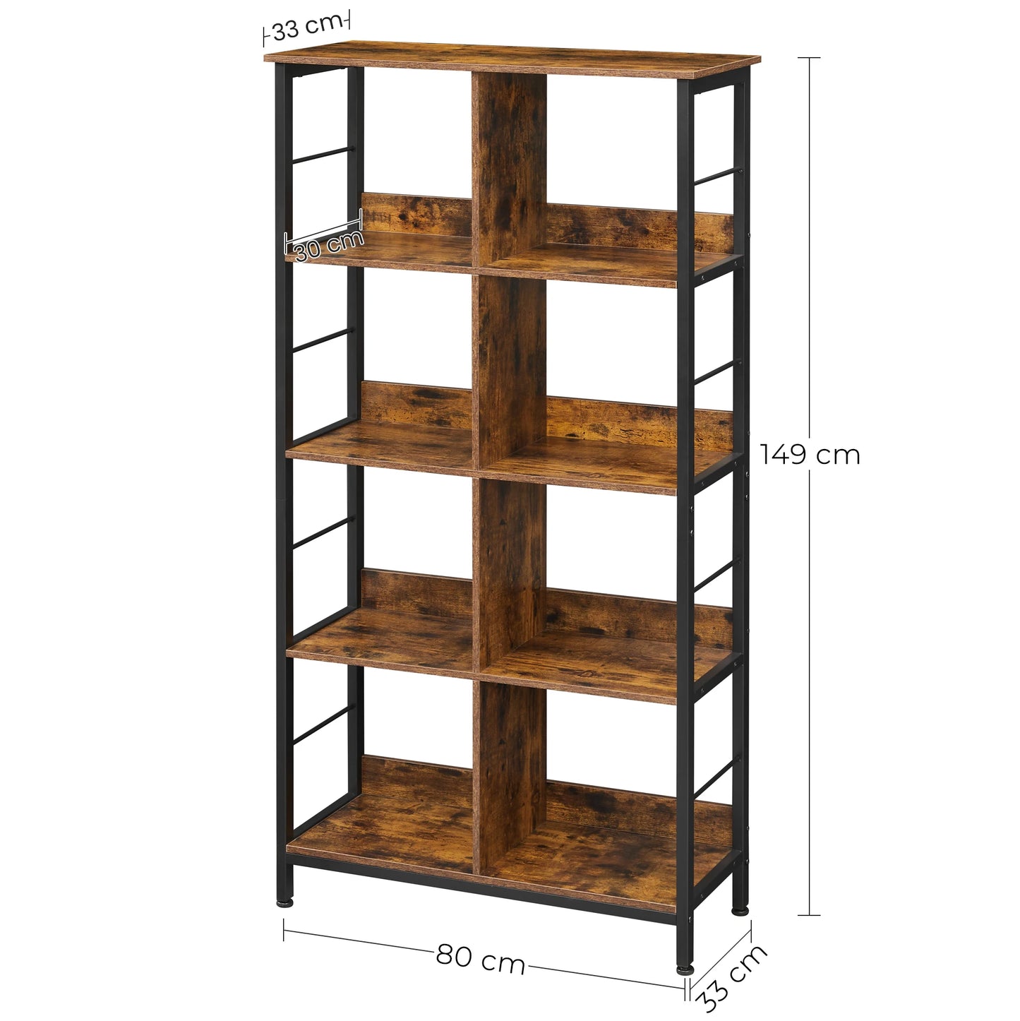 Meuble bibliothèque industrielle sur pieds à 8 compartiments 80 x 33 x 150 cm