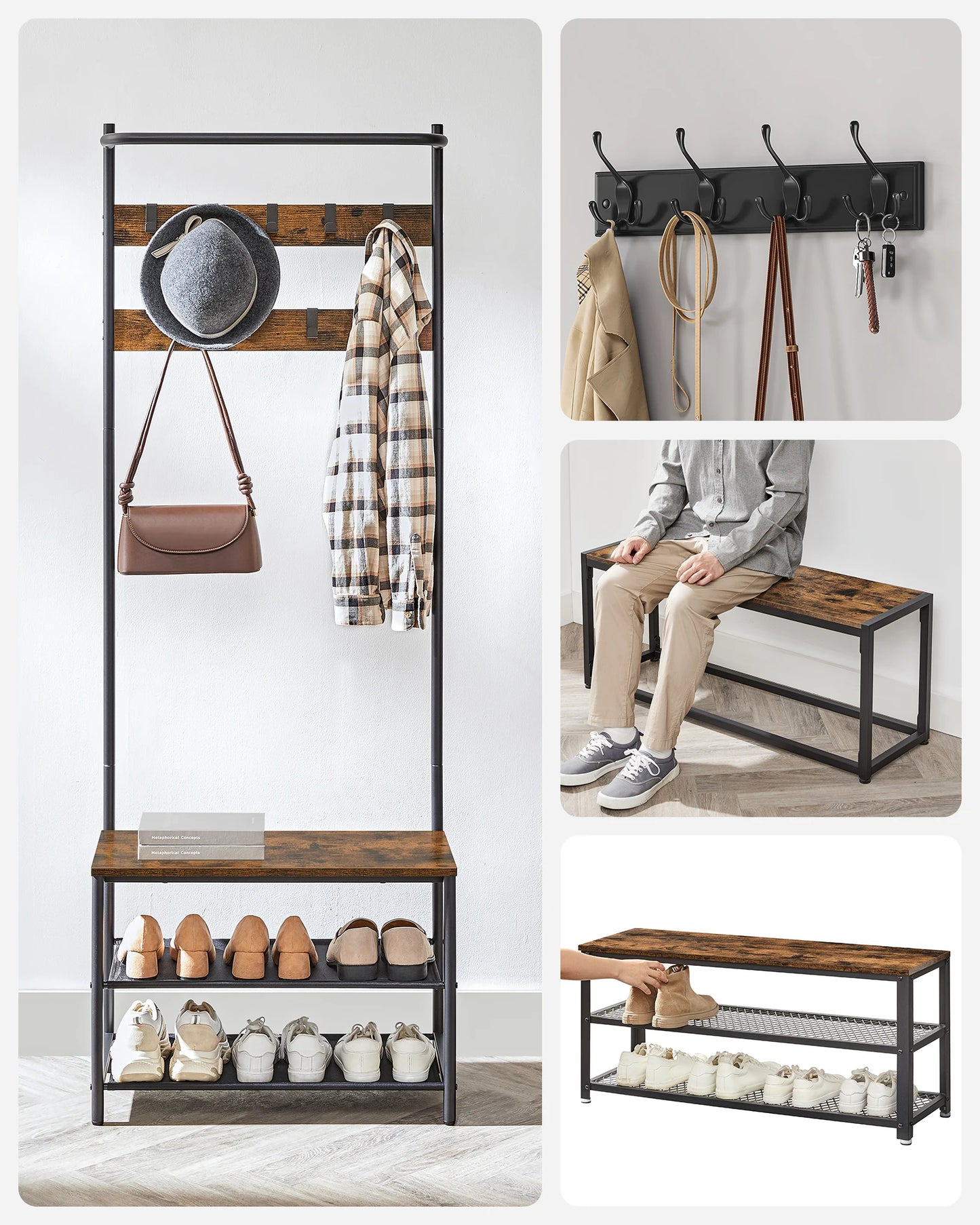 Meuble d'entrée avec porte manteau intégré et étagères style industriel