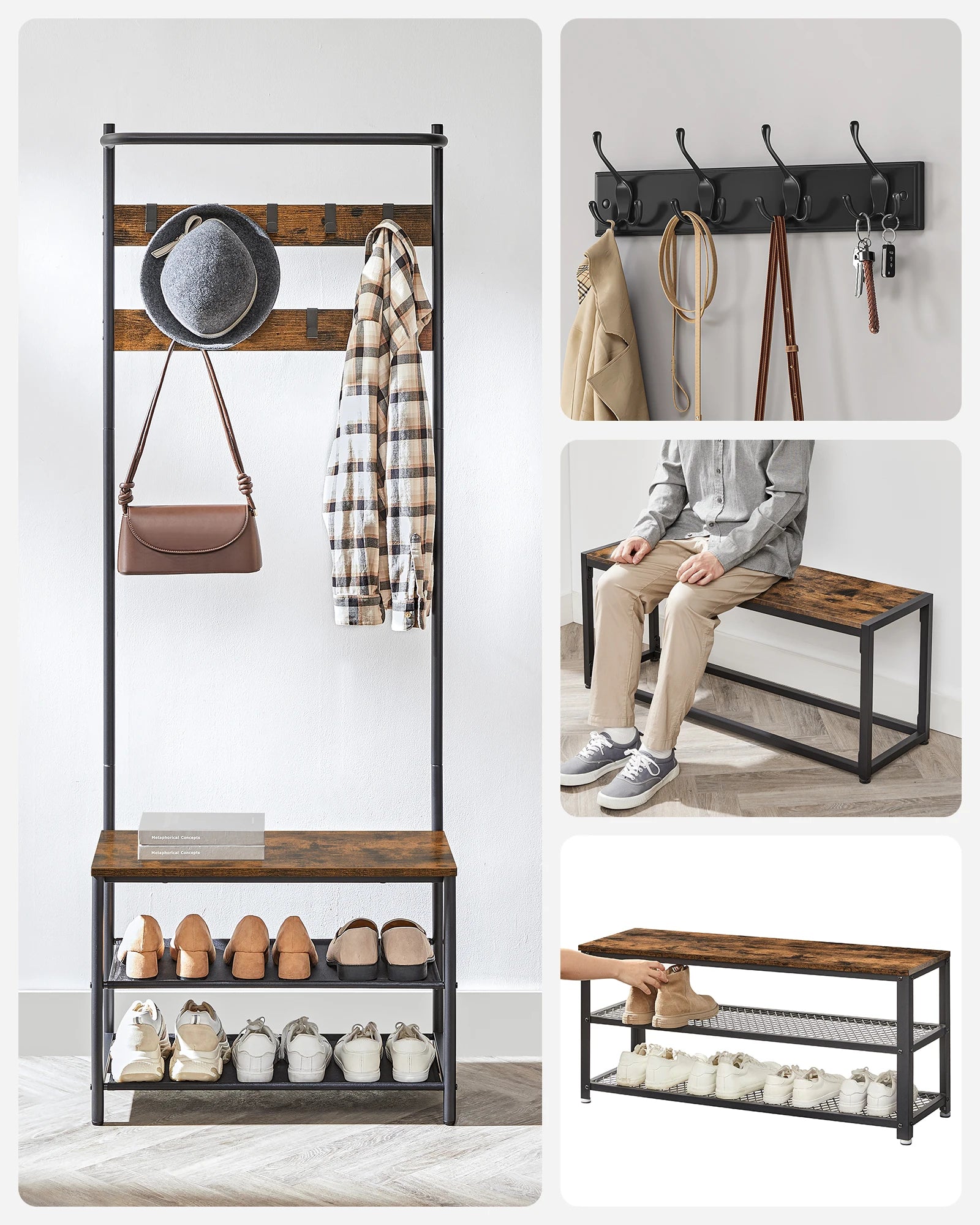 Meuble d'entrée avec porte manteau intégré et étagères style industriel