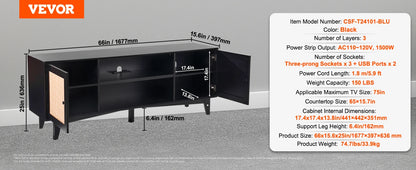 Meuble tv sur pieds bois et rotin 140cm