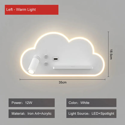 Etagère murale blanche chevet enfant nuage à contour lumineux LED