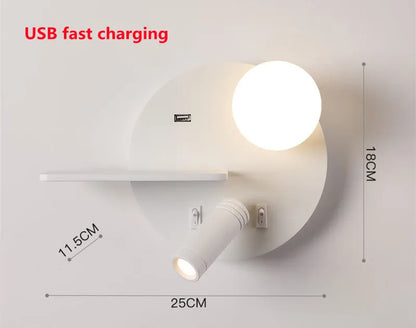 Etagère murale de chevet avec applique ronde et spot tube led mobile