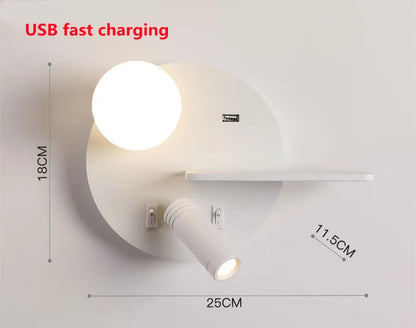 Etagère murale de chevet avec applique ronde et spot tube led mobile