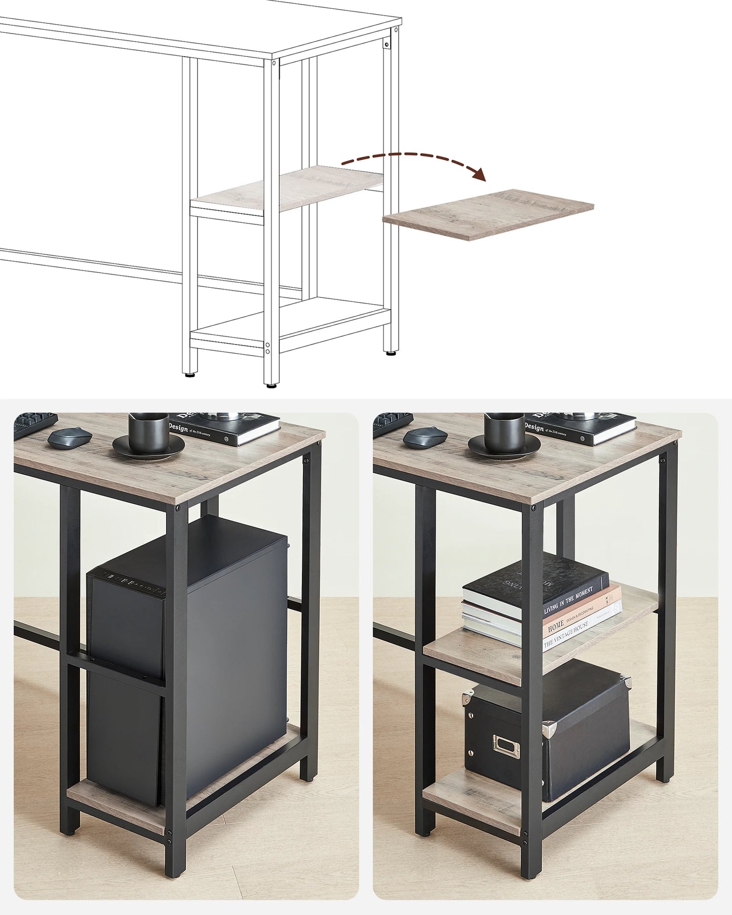 Bureau d'angle bois et métal noir avec 2 étagères