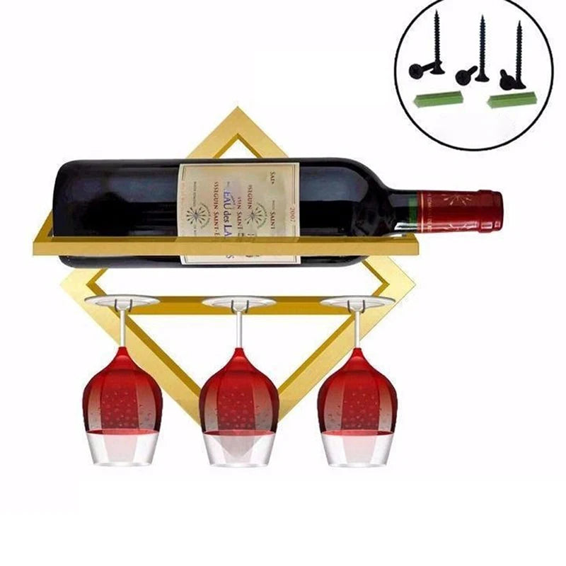 Étagère murale à vin en métal doré avec  rangement verre intégré 