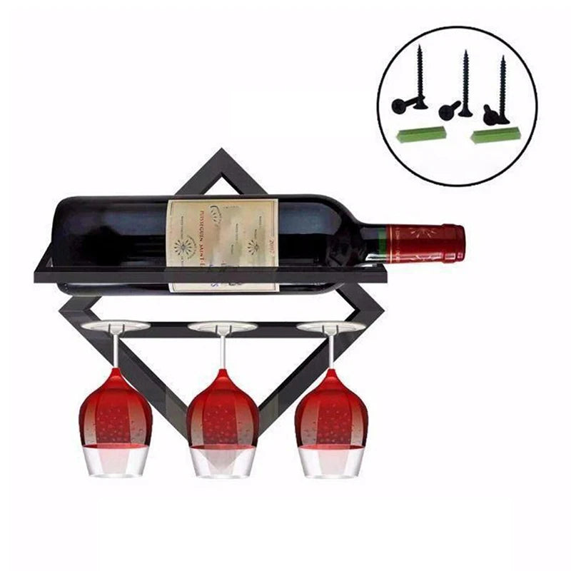 Étagère murale à vin en métal noir avec rangement verre intégré 
